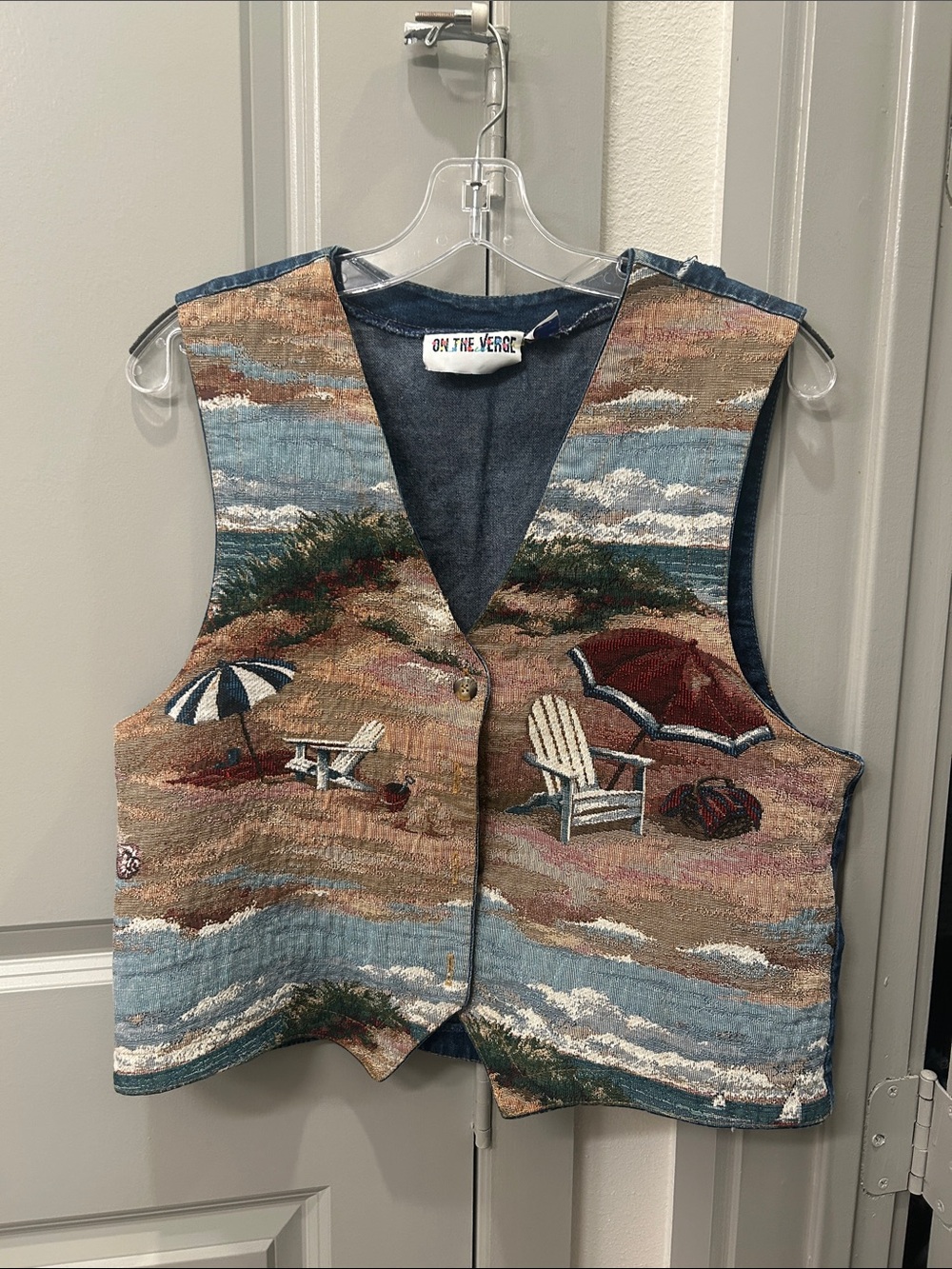 On The Verge Women's Beachscape Tapestry Vest in Blue and Brown